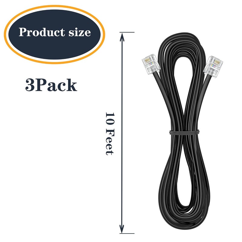 Ubramac 3Pack Phone Telephone Extension Cord 10Ft Cable Line with Standard RJ11 6P4C Plugs for Landline Phone and Fax (3, Black, 10Ft) - Image 2